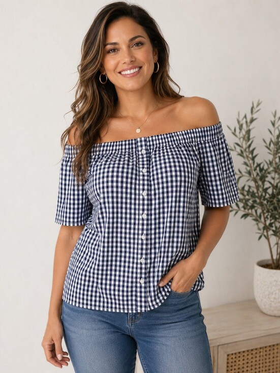 Reitmans Tops - Reitmans Women's Navy White Gingham Mini Checkered Off Shoulder Cotton Top M